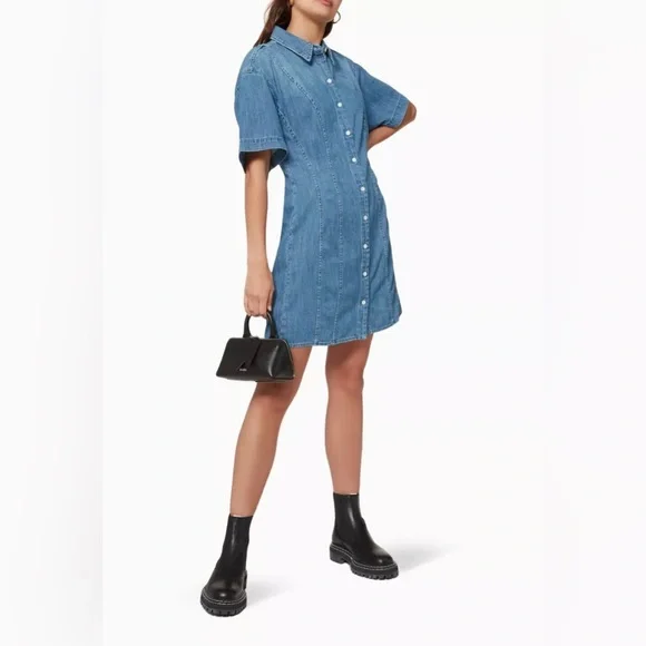 Frame Denim Seam Detail Dress Blue Chambray Button Shirtdress Collar - Picture 2 of 11